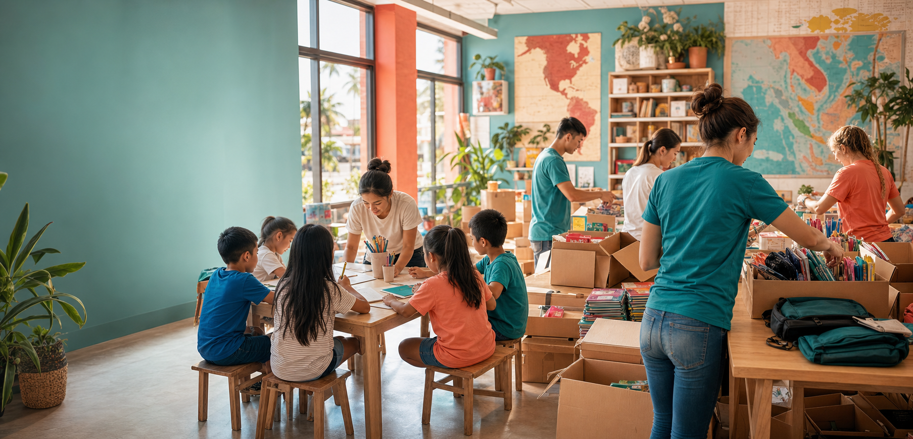 Volunteers teaching children and preparing donation supplies.